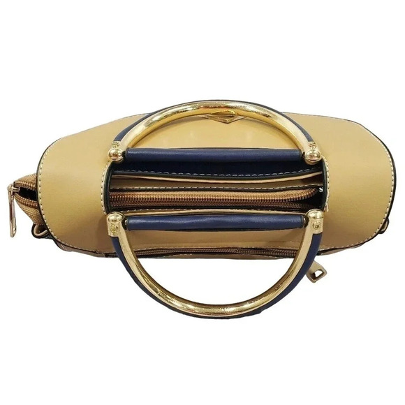 Blue and Tan Two-Tone Cross Body Purse With Golden Accents, Adjustable Strap - Picture 7 of 7